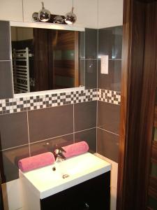a bathroom with a sink and a mirror at Cicha Przystań - Apartament Wyspa Solna in Kołobrzeg