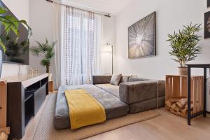 a living room with a couch and a tv at Bistro Walk Apartment in Lausanne