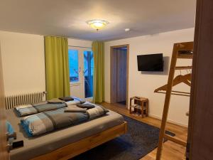 a bedroom with a bed and a bunk ladder at Haus Nilson I klimatisierte Ferienwohnung in Gengenbach