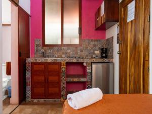 a kitchen with pink walls and a counter top at Las Barracas de la Barra in Malucano
