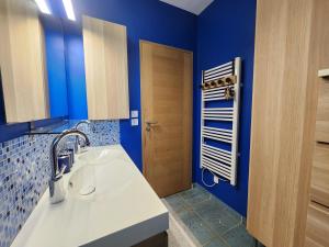 a bathroom with a sink and a blue wall at Symphony - in Saint-Emilion in Saint-Émilion +15 photos