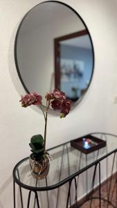 a vase on a glass table in front of a mirror at Puerta del Mar 2 in Adra