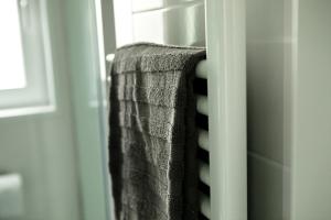 a towel hanging on a door in a bathroom at Hof Eichendiek Time Out Village- Haus Naturruhe in Blekendorf +52 photos