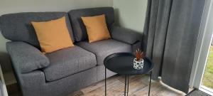 a gray couch with two pillows and a table at Surf Shack 3 - Zimmer am Strand, Parkplatz, WLAN, Kiten, Surfen, Chillen im Gemeinschaftsgarten, Naturstrand, Restaurants und Geschäfte in 5 Minuten erreichbar, lockere Atmosphäre in Dahme