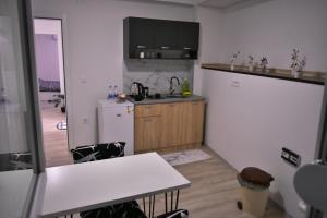 eine Küche mit einem weißen Kühlschrank und einer Arbeitsplatte in der Unterkunft Cavdarov in Štip