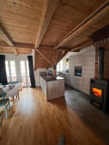 a kitchen and living room with a stove at Ferienwohnung Hansnhof in Wilhelmsthal