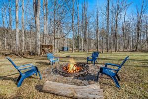 three chairs around a fire pit in a yard at Khan River Cabin in Great Cacapon