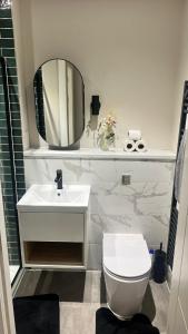 a bathroom with a white toilet and a mirror at The perfect one bed stay in Central Station