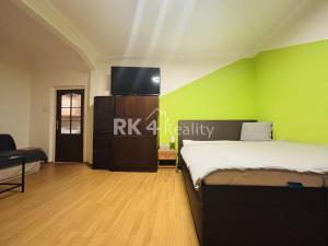 a bedroom with a bed and a green wall at Jonny room in Trnávka