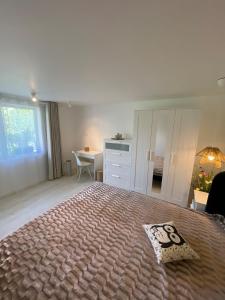 a bedroom with a bed with a dresser and a desk at Casa Eden in Baia Mare
