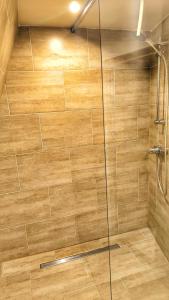 a bathroom with a shower with a glass door at Finnhütte bei GRETA in Marl +3 photos
