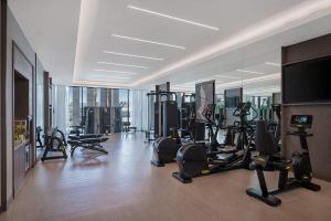 a gym with treadmills and cardio equipment in a building at ADDRESS RESIDENCES BEACH RESORT BAHRAiN in Rayyā