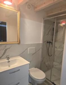 a bathroom with a shower and a toilet and a sink at B&B MaMi in Agno