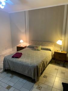 a bedroom with a bed and two lamps on tables at Casita de Noe in Tandil