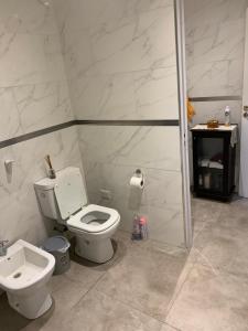 a bathroom with a toilet and a shower stall at Casita de Noe in Tandil