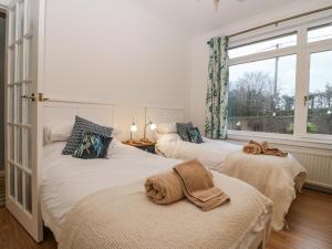 two beds in a room with a window at Cairndhu in Boʼness