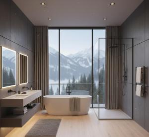 a bathroom with a tub and a large window at GLD Home in Sapanca
