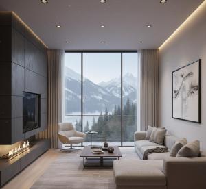 a living room with a couch and a fireplace at GLD Home in Sapanca
