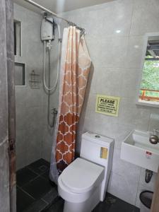 a bathroom with a giraffe shower curtain and a toilet at Romantic Ocean View A-Frame with Shore Diving Access - Aloha Aina Dive Resort in Mabini