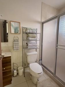 a bathroom with a toilet and a shower and towels at Sunset Point San Carlos in San Carlos +7 photos