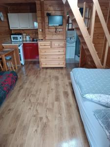 a bedroom with a bunk bed and a kitchen at Domki PIĘKNY WIDOK górne - Solina Centrum in Solina