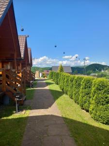 a walkway next to a hedge next to a building at Domki PIĘKNY WIDOK górne - Solina Centrum in Solina +9 photos