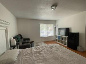 a bedroom with a bed and a chair and a television at LA Lux Suite with Private Bathroom in Santa Clarita