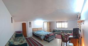 a living room with a bed and a couch at Mountain Pad Overlooking Jerash - HQ Budget stay in Jerash