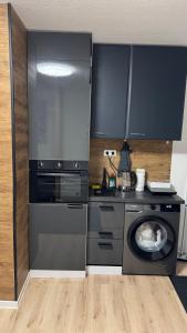 a kitchen with a washing machine and a dishwasher at Modern Compact Studio near Frankfurt in Karben