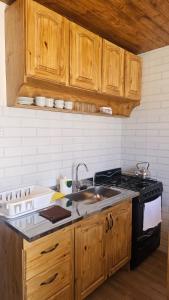 a kitchen with wooden cabinets and a sink and a stove at Hospedaje J & L in Uspallata