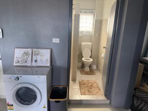 a bathroom with a washing machine and a toilet at Athaliah Stays in Suva +17 photos