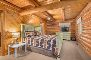 a bedroom with a bed and a television in a cabin at Spruce Lodge in Red Lodge