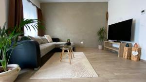a living room with a couch and a tv at Villetta Moscal- Buon Gusto in Affi