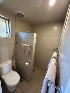 a bathroom with a toilet and a shower with towels at Tweed River Motel in Murwillumbah +49 photos