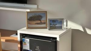 two framed pictures sitting on top of a microwave at Oceane Norte Hotel in Parnaíba