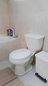 a bathroom with a white toilet and a bath tub at Hospedaje Campestre Ranco Naturaleza - Desayuno incluido in Lago Ranco +14 photos