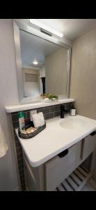 a bathroom counter with a sink and a mirror at Villa Sura in Colón +14 photos