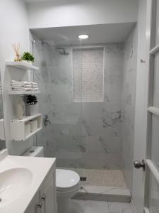 a white bathroom with a toilet and a shower at The Lyons' Lair in Chicago +12 photos