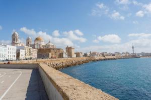 a view of a city with the ocean and buildings at Apartamento La PALMA free parking by Cadiz4Rentals in Cádiz