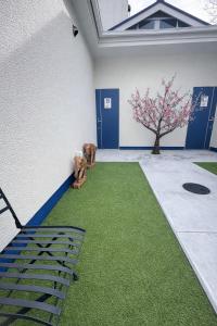 a room with green carpet and a tree in it at 舒爽旅馆 in Fuefuki