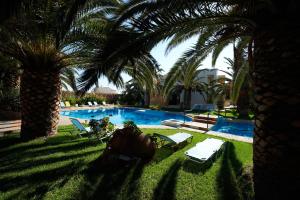 a pool with palm trees and lounge chairs in the grass at Lycasti Maisonettes in Tavronitis