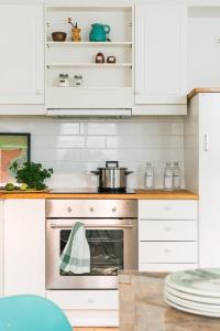 a kitchen with a stove with a pot on it at Aska Apartment in Reykjavík +7 photos