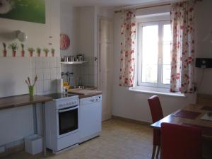 een keuken met witte apparatuur en een tafel en een raam bij Appartement St. Leonhard in Graz