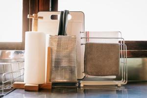 a group of appliances sitting on a kitchen counter at Minato-no Akari in Hayama