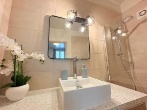 a bathroom with a white sink and a mirror at La Parenthèse à Foix in Foix +15 photos