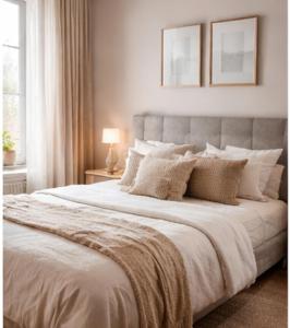 a bedroom with a large white bed with pillows at Amigos Land in Zeralda