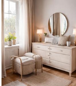 a bedroom with a dresser and a mirror and a chair at Amigos Land in Zeralda