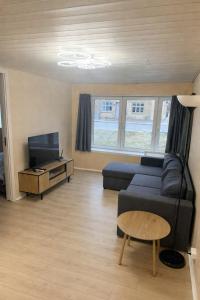 a living room with a couch and a tv at Hel hus i rolig by in Birkelse