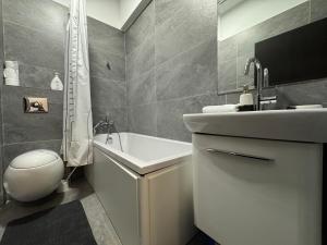 a bathroom with a sink and a toilet and a bath tub at Spacious 2 Bedroom Apartment in Iaşi +10 photos
