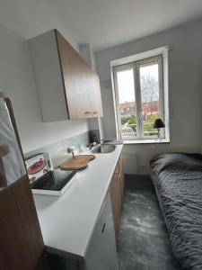 a small kitchen with a sink and a window at Petite chambre in Halluin